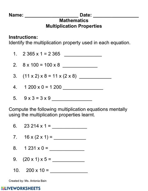 Math Worksheets Properties Of Multiplication