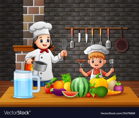 mother and son preparing food in kitchen vector image
