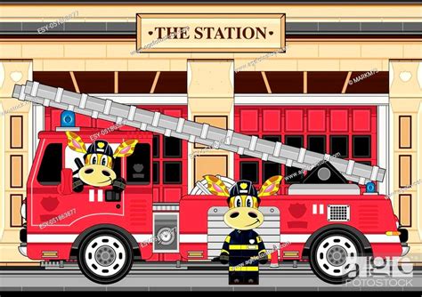 Cute Cartoon Giraffe Fireman Firefighter And Fire Truck Vector Illustration Stock Vector