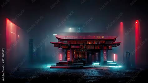 Cyberpunk Temple Japanese Abstract Illustration Futuristic City