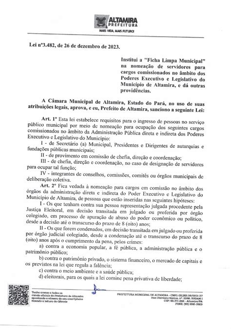 Lei nº 3 482 FICHA LIMPA ASSINADO Prefeitura Municipal de Altamira