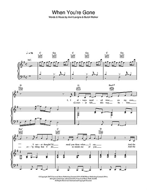 chorus when you're gone, the pieces of my heart are missing you! When You're Gone sheet music by Avril Lavigne (Piano ...