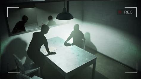 loopable footage from security camera showing interrogation room with detective interrogating