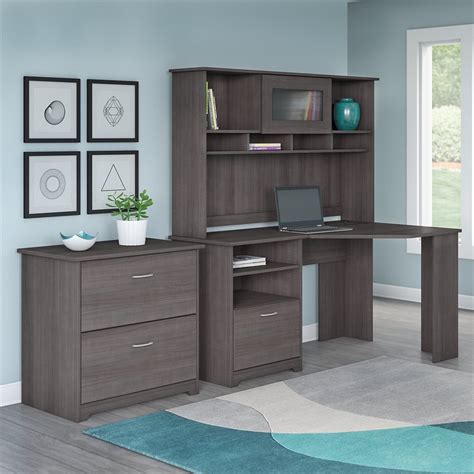 Cabot Corner Desk With Hutch And File Cabinet In Heather Gray