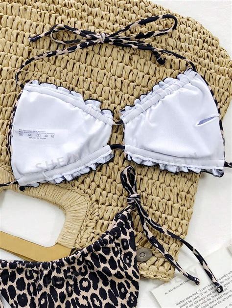 Shein Swim Leopard Print Frill Trim Halter Bikini Top Shein Usa
