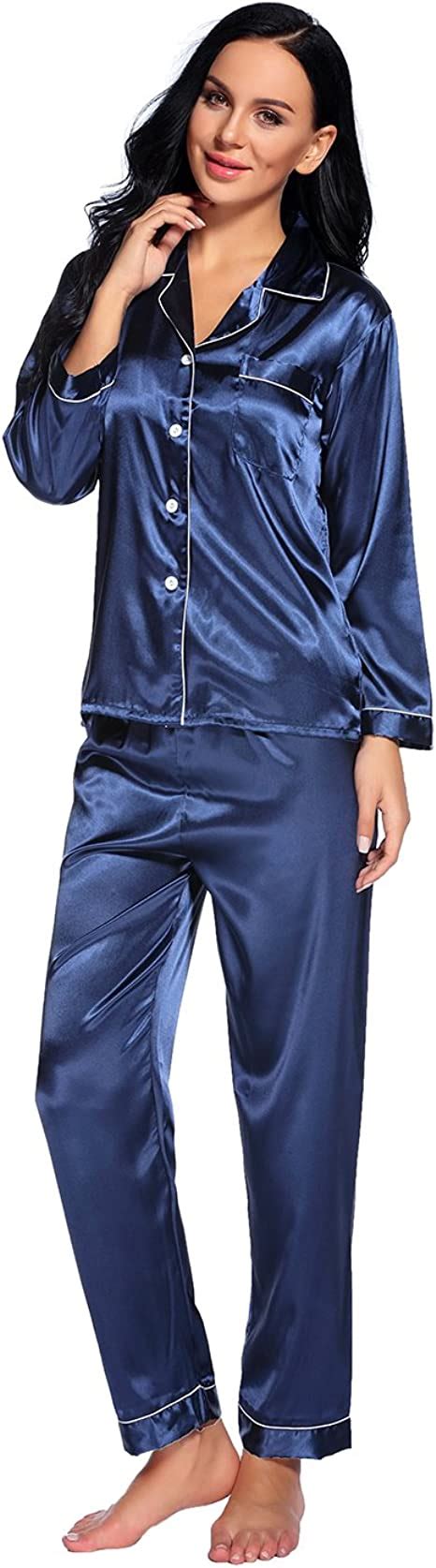Binken Damen Satin Pyjama Set Schlafanzug Nachthemd Xl Navy Blue Amazonde Bekleidung
