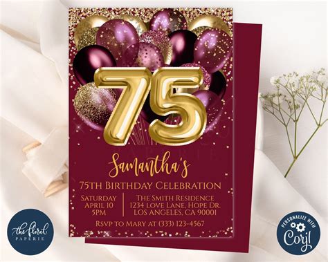 75th Birthday Invitation Template Burgundy And Gold Birthday Editable