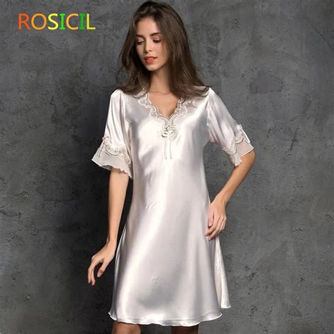 Rosicil Nightgown For Women Summer Nightgown Silk Sleepwear V Neck Sexy Lace Lounge Nightshirt