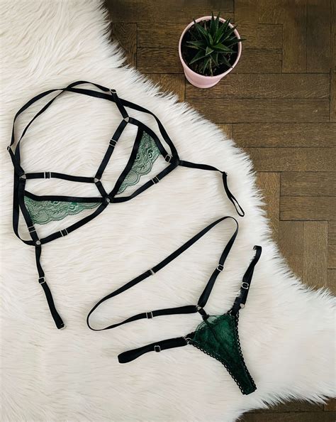 Amanda Green Open Bra And Strappy Thong Set Blackwings Lingerie