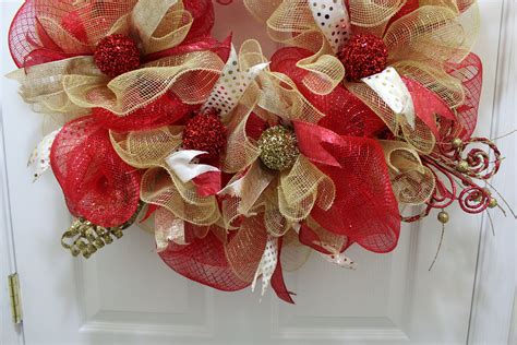 Red And Gold Deco Mesh Wreath Christmas Deco Mesh Wreath Etsy Holiday