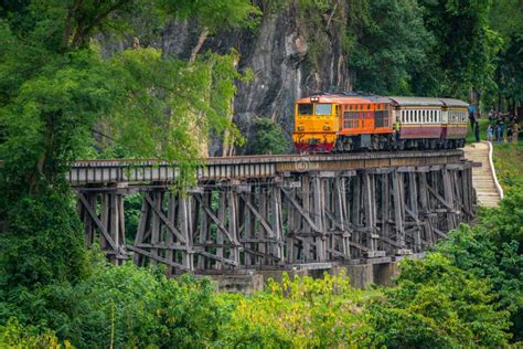 Train Rides On Burma Railway In Kanchanaburi Province Thailand