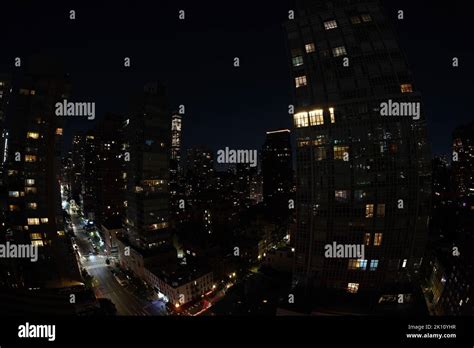 Manhattan New York City Night Aerial Cityscape From Terrace Rooftop