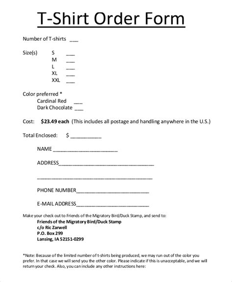T Shirt Order Form Template Word