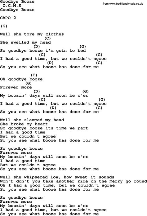 Goodbye Booze Bluegrass Lyrics With Chords