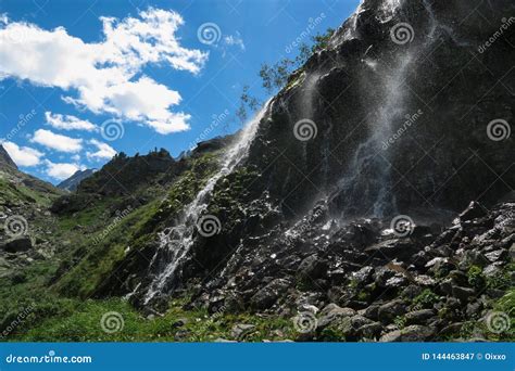 Mountain Waterfall In Sunny Day Altai Mountains Siberia Russia Stock