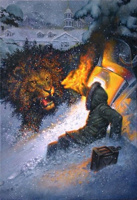 A Painting Of A Man Sitting In The Snow Next To A Fire Hydrant And A Lion