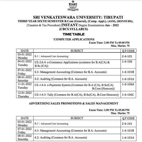 Sv University Time Table 2023 Svu Degree Semester Exam Date Ba Bsc