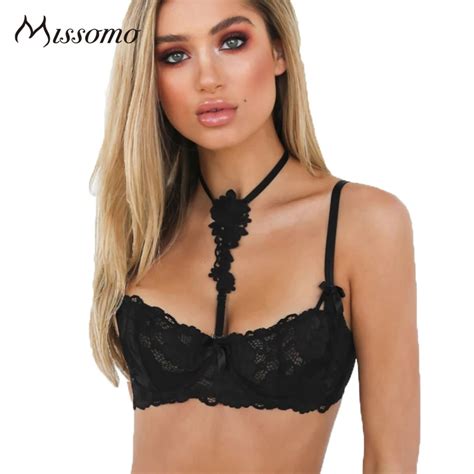 buy missomo black halter lace bra women hollow out mesh semi sheer push up