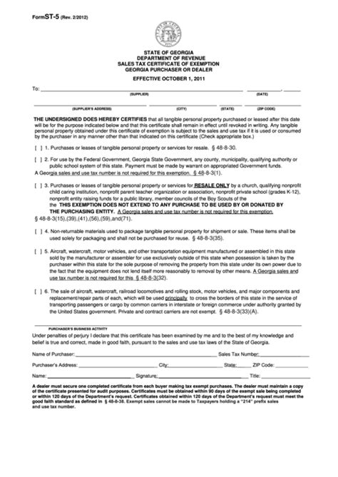 Fillable Form St 5 Sales Tax Certificate Of Exemption Georgia