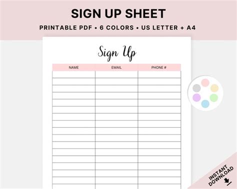 Printable Sign Up Sheet Sign Up Form Event Sign In Template Etsy