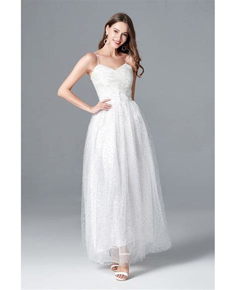 Sequin Tulle Long White Prom Dress With Spaghetti Straps Ck791