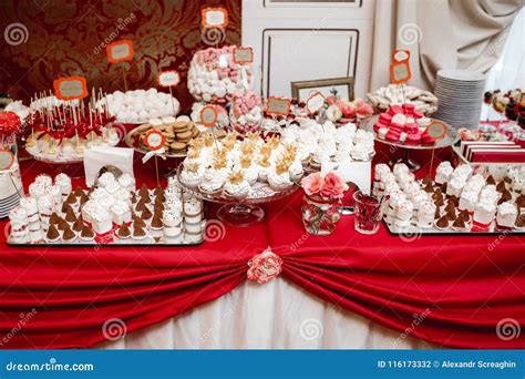 Delicious Wedding Reception Candy Bar Dessert Table Stock Photo