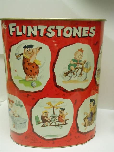 Rare Vintage 1960 The Flintstones Metal Trash Can Waste Basket Metal