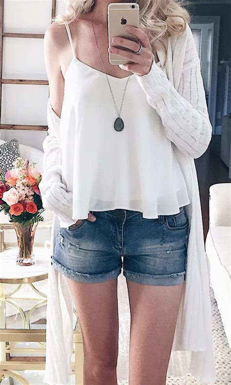 Summer Outfit Ideas White Cami With Denim Shorts And Long Duster