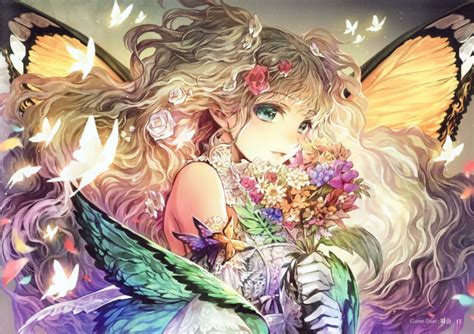 Anime Girl Flower Beautiful Butterfly Long Hair Cute Wings Wallpaper