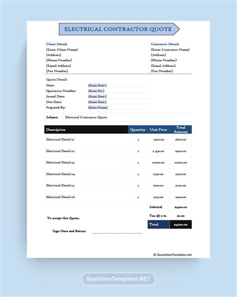 Electrical Contractor Quote Template Blu 220831 Quote Templates