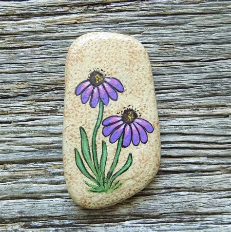 Purple Coneflower Painted Rock Decorative Accent Stone Paperweight