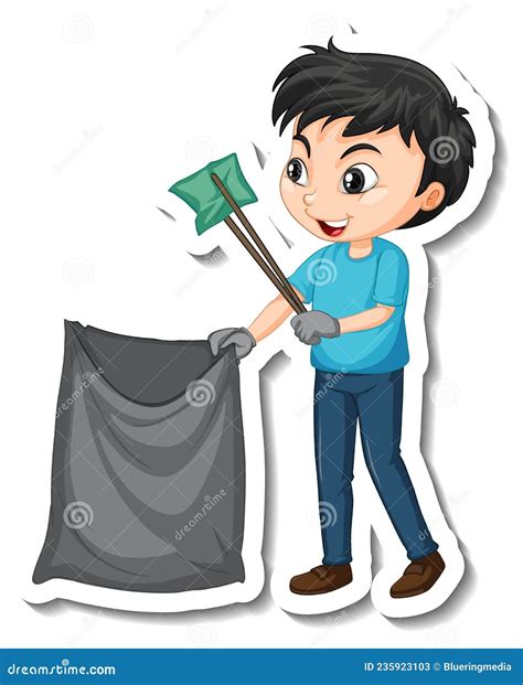 A Boy Collecting Garbage Trash Cartoon Character Stock Vector