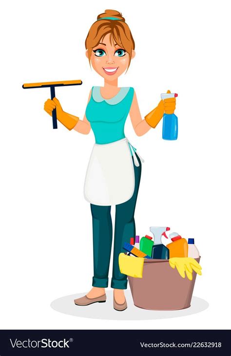 happy housewife cheerful mother beautiful woman cartoon character holds cleaning agents