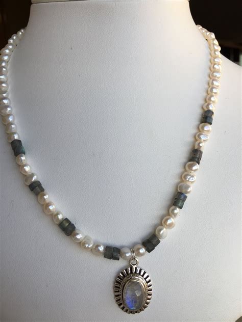 Necklace Moonstone In Sterling Pendant Labrodorite Freshwater Pearls