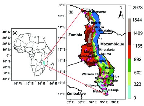 A Study Area Depicting Location Of Malawi In Africa B Topography