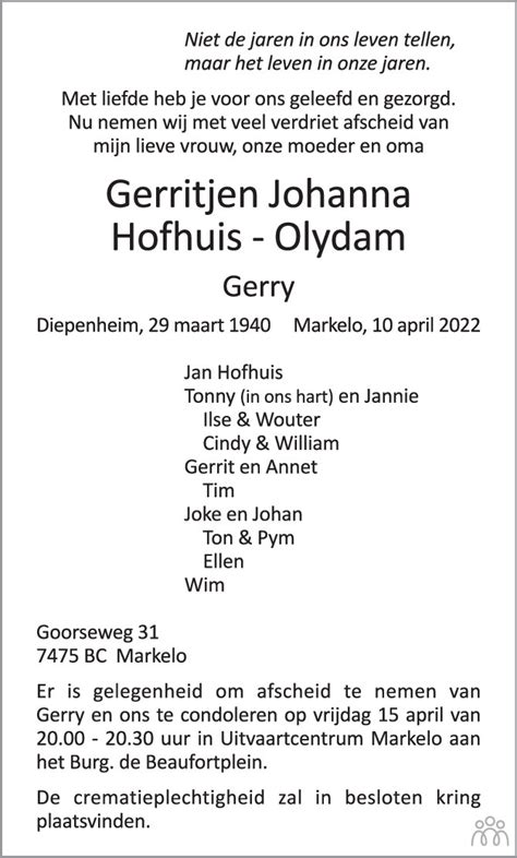 Gerritjen Johanna Gerry Hofhuis Olydam Overlijdensbericht My Xxx Hot Girl