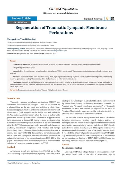 Crimson Publishers Regeneration Of Traumatic Tympanic Membrane Perforations