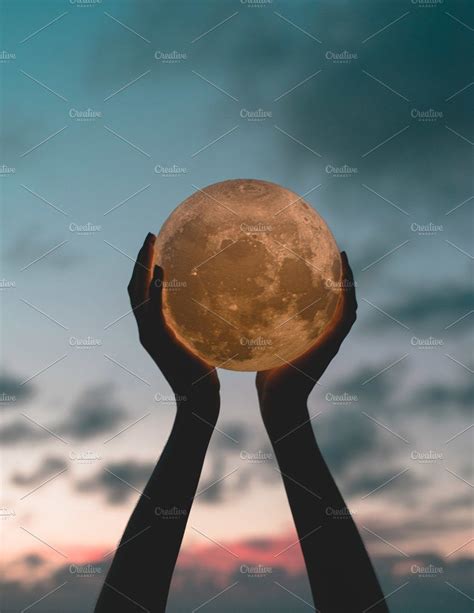Hands Holding Up Moon Sky And Clouds Stock Photos Human Photography
