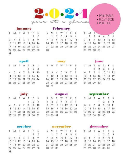 Printable 2021 Year At A Glance 85x11 Wall Etsy In 2021 Monthly