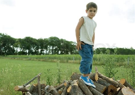 Portrait Of A Boy Standing On Wood Pile Stock Photo
