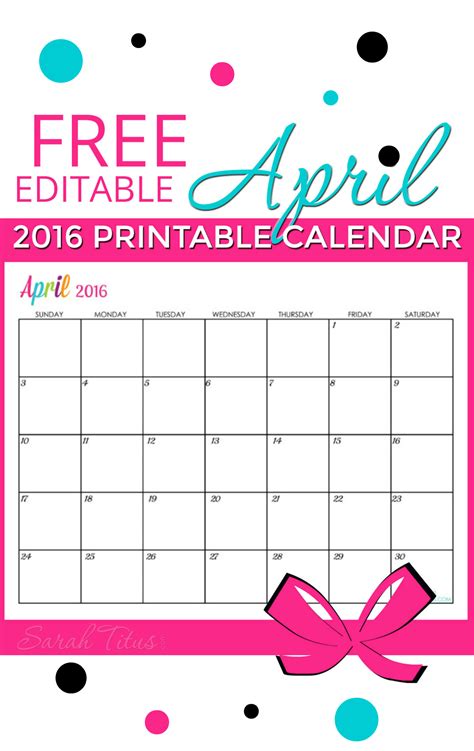 Free Blank Online Calendar April 2016 Sarah Titus