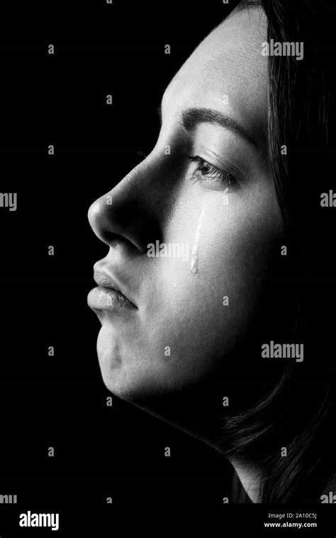 Sad Woman Crying Looking Aside On Black Background Closeup Portrait