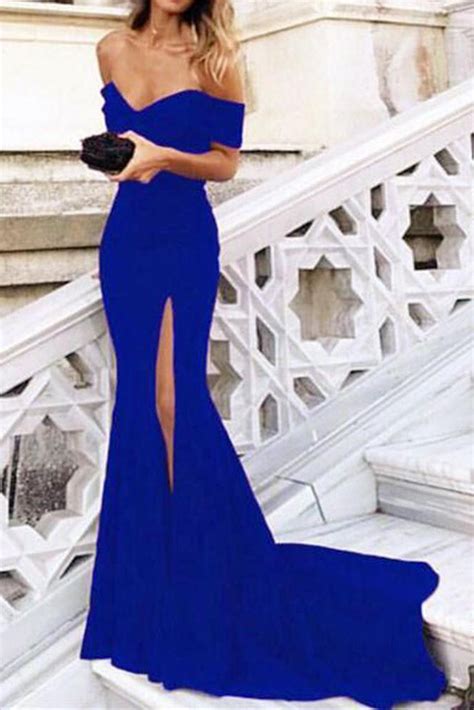 Blue Mermaid Off The Shoulder Prom Dresses With Split Satin Sweetheart