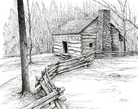 Landscape Drawing John Ownby Cabin By Bob George Beautiful Pencil