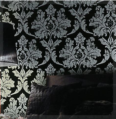 Home Decor Blacksilver Damask Wallpaper Leather Bedroom