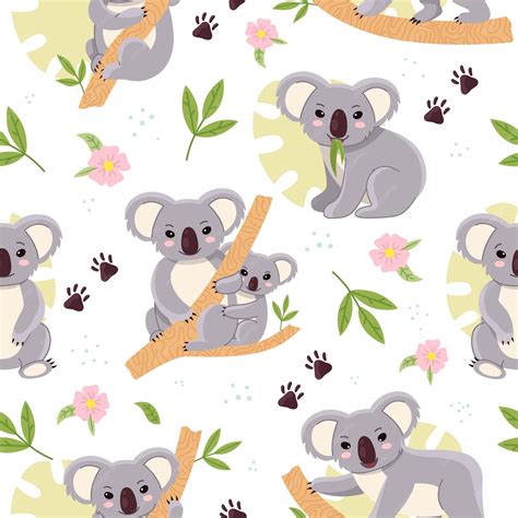 Premium Vector Cute Koalas Seamless Background With Kids Mini Bears