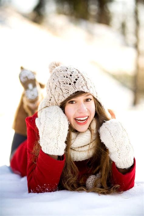 Young Woman Lying In The Snow Stock Image Image Of Beautiful