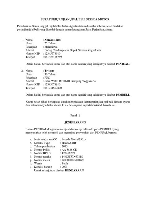 Seperti namanya, surat perjanjian jual beli tanah sangat penting disertakan dalam proses transaksi jual beli. Surat-Perjanjian-Jual-Beli-motor.docx