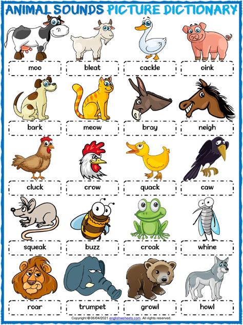 Animal Sounds Vocabulary Esl Picture Dictionary Worksheet For Kids Pdf
