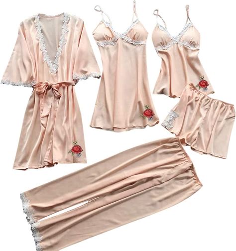 Damen Nachthemd Sexy Spitzen Dessous Set Schlafanzug Frauen Seide Overall Print 5pcs Pyjama Set